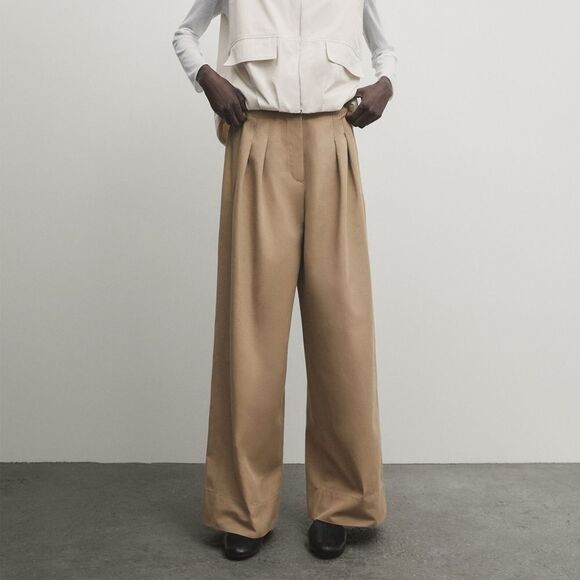 Massimo Dutti Wide-Leg Trousers - Tan - Picture 1 of 8